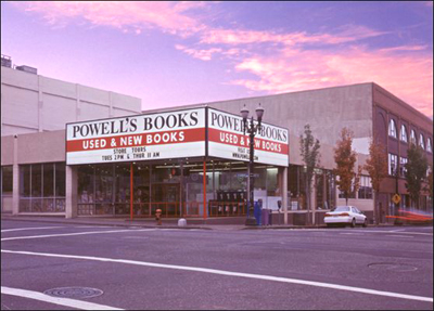 Powell's Books, at sunset, looking NW from the corner of 10th and Burnside, Portland, Oregon, USA