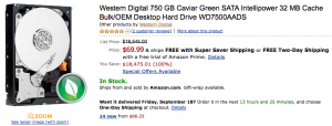 Amazon listing for a hard drive, list price of $18,545. On sale for $69.99.